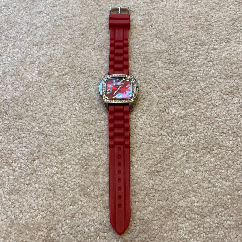 Womens red silicone watch with rhinestones, like new!